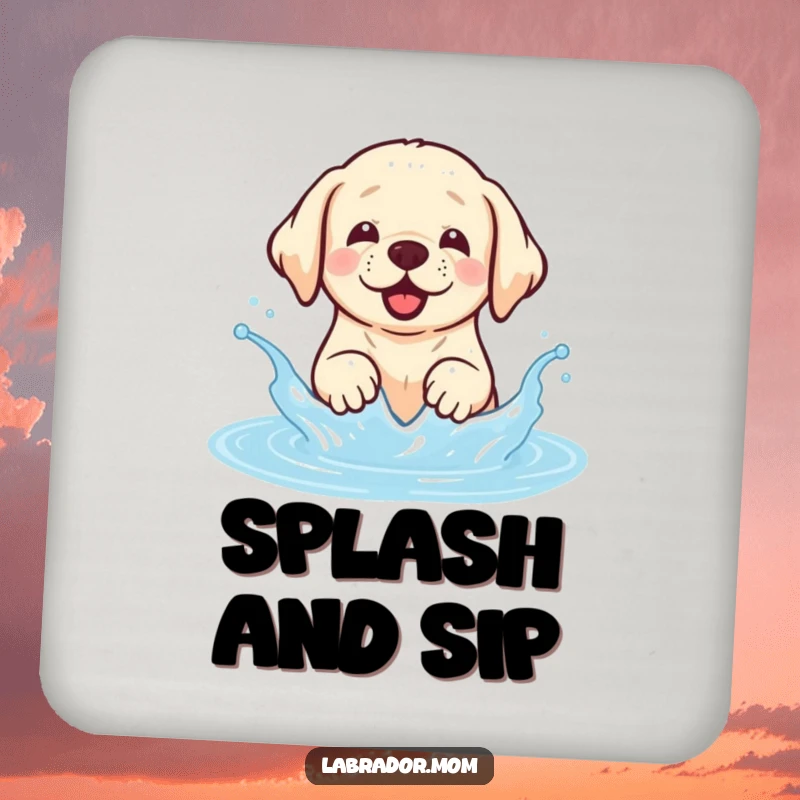 Funny Kawaii Labrador drink coaster with a happy dog joyfully splashing in water, perfect for surface protection.