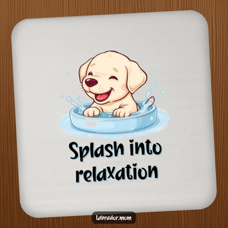 Funny giggling Labrador cub splashing in a bubbly pool on a drink coaster, protecting surfaces with playful charm.