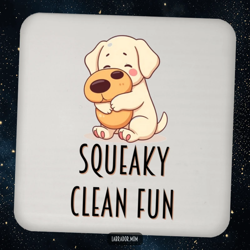 Funny kawaii Labrador hugging a big squeaky toy on a coaster, protecting surfaces with charm.