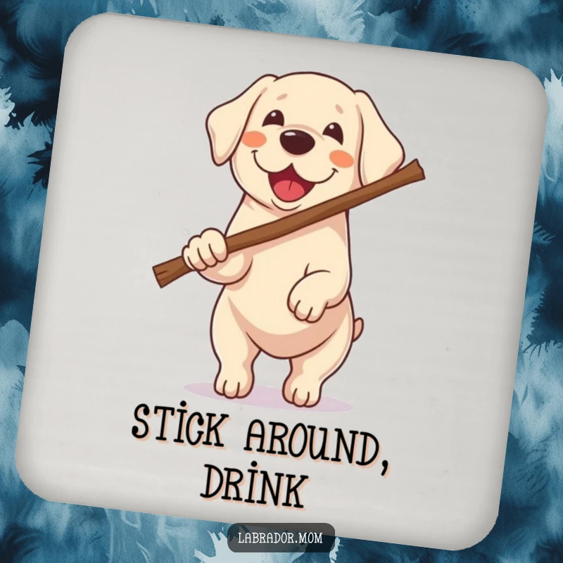 Funny Kawaii Labrador coaster depicting a dog carrying a stick twice its size, protecting surfaces with humorous canine determination.