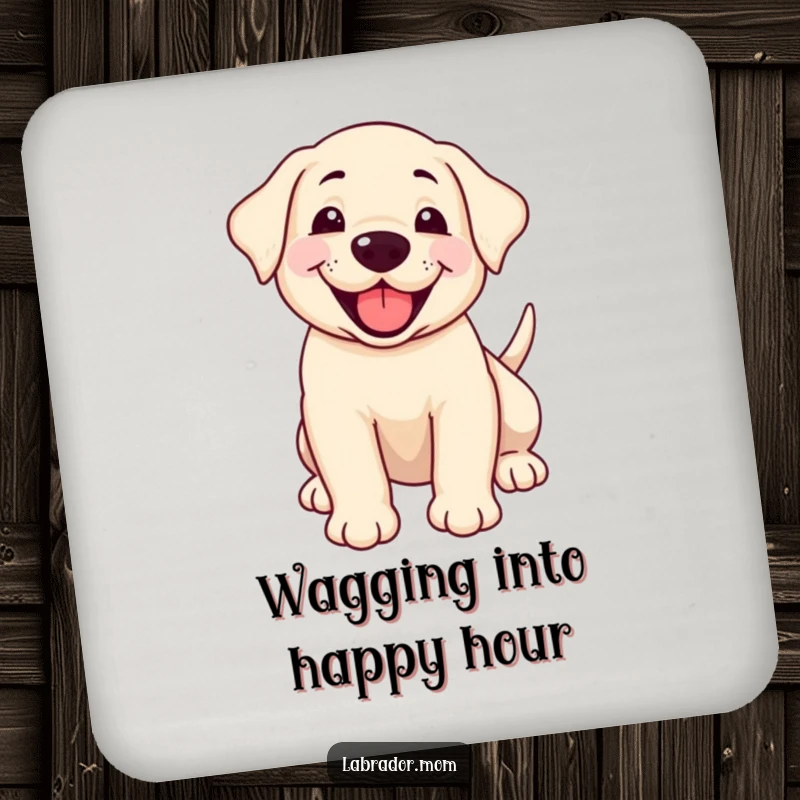 Funny smiling Labrador cub panting happily with a wagging tail on a drink coaster, protecting surfaces with canine charm.