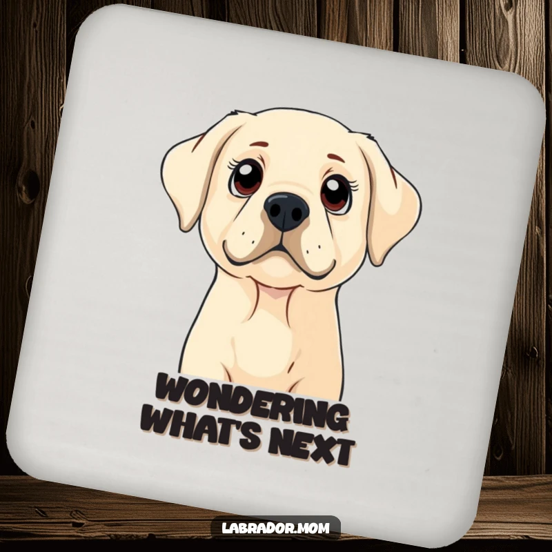 Funny Labrador coasters featuring a dog with wide, curious eyes looking up, protecting surfaces, a funny gift.