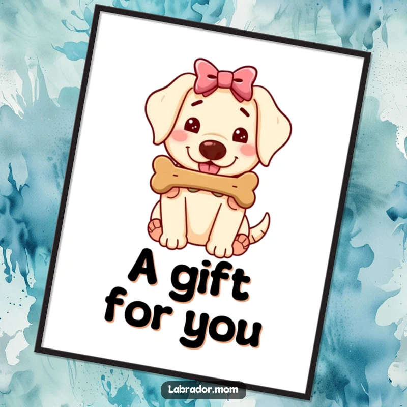 Funny Kawaii Labrador Poster, cute dog with bow offering a juicy bone, art print of a kind gesture, humorous gift.