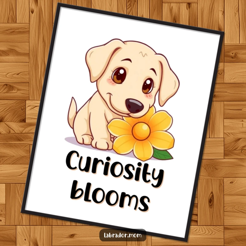 Funny Poster visualizing a playful Labrador with big, curious eyes discovering and sniffing a giant flower with innocent fascination.