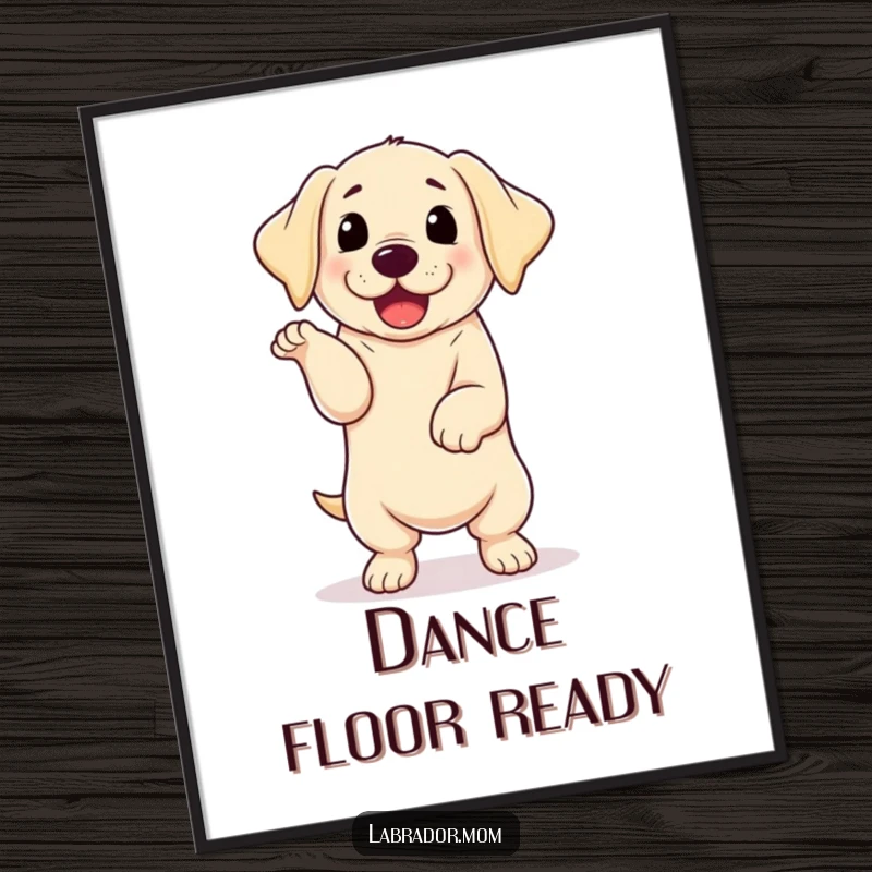 Funny kawaii Labrador with floppy ears doing an enthusiastic happy dance, a vibrant and humorous poster.
