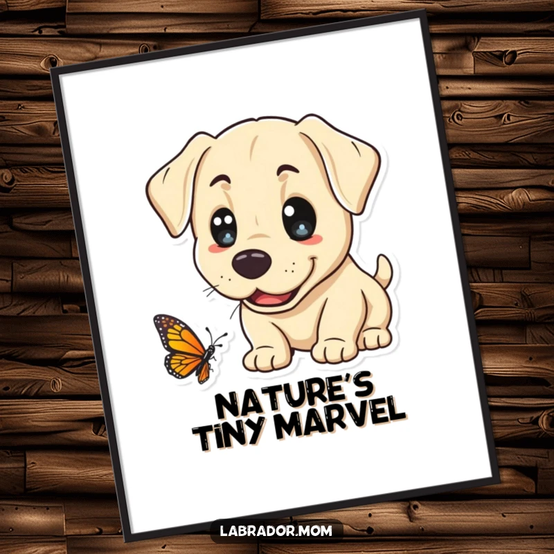 Funny Kawaii Labrador Poster, a curious lab with wide, innocent eyes gently investigates a butterfly, capturing a moment of pure wonder