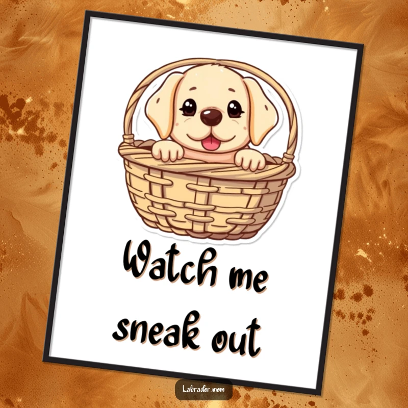 Funny kawaii Labrador poster illustrating a cute dog peeking from a basket with a mischievous glint, adding playful and humorous wall art.