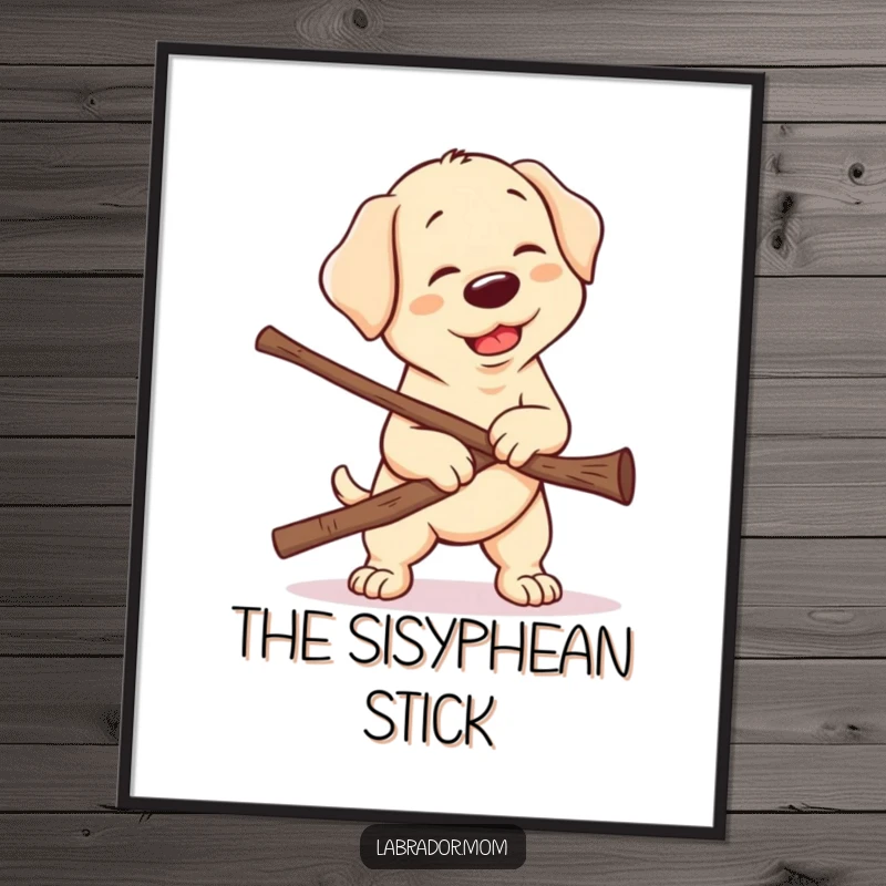 Funny Kawaii Labrador Poster, a cute lab's determined yet funny struggle to carry an enormous stick, bringing smiles and warmth