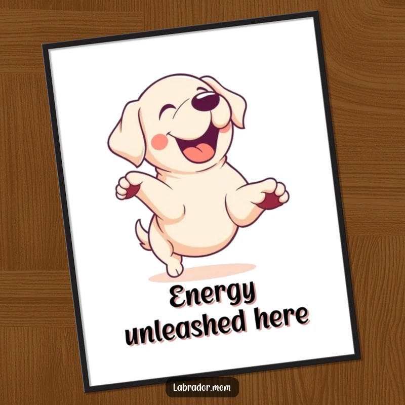 Funny Kawaii Labrador dog doing a zoomie, energetic, cute art print, playful dog decor, funny poster.