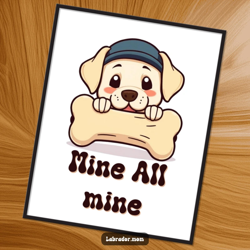 Funny Kawaii Labrador poster featuring a cute dog peeking from behind a large bone, adding playful humor to decor.