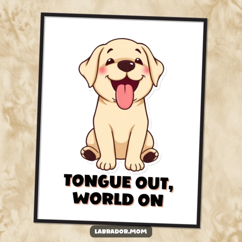 Funny kawaii Labrador happily panting with its tongue out, a delightful poster for dog enthusiasts.