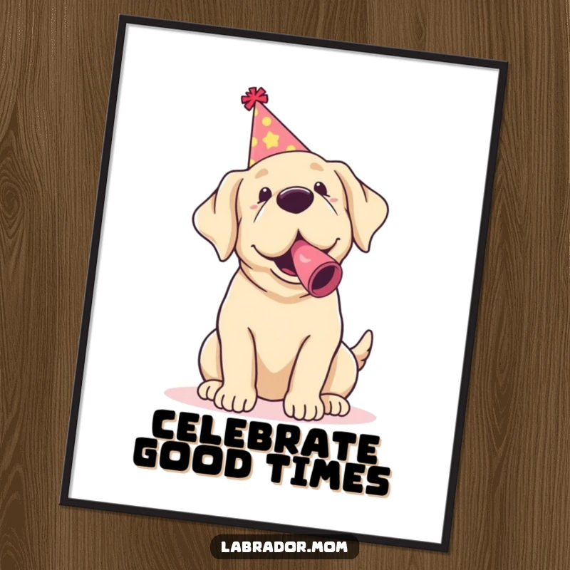Funny Kawaii Labrador Poster showing a happy dog wearing a party hat and blowing a noisemaker, radiating festive fun.