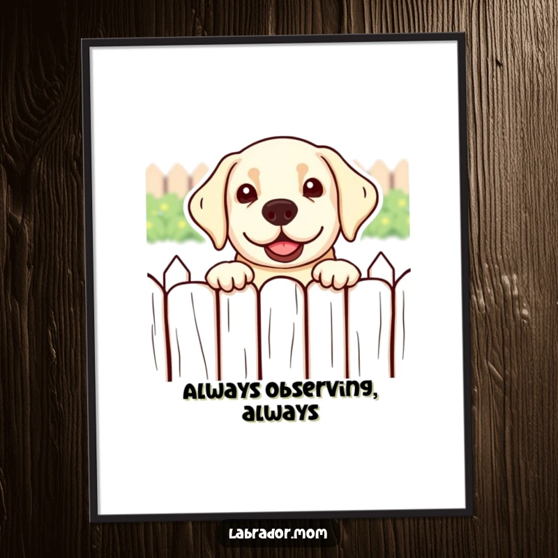 Funny kawaii Labrador peeking over a fence with a playful expression, a delightful poster for dog lovers.