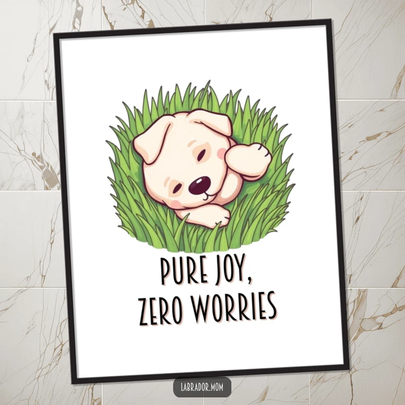 Funny kawaii Labrador rolling playfully in soft green grass, a delightful poster for dog lovers.
