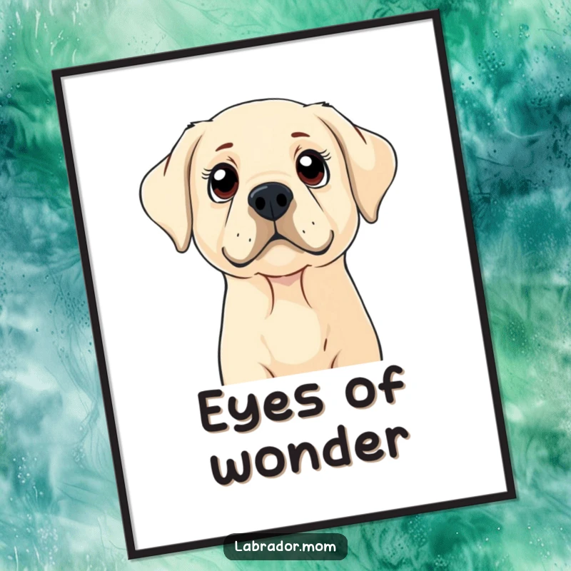 Funny Labrador poster print of a dog with wide, curious eyes looking upwards, conveying innocence and wonder, a funny gift.