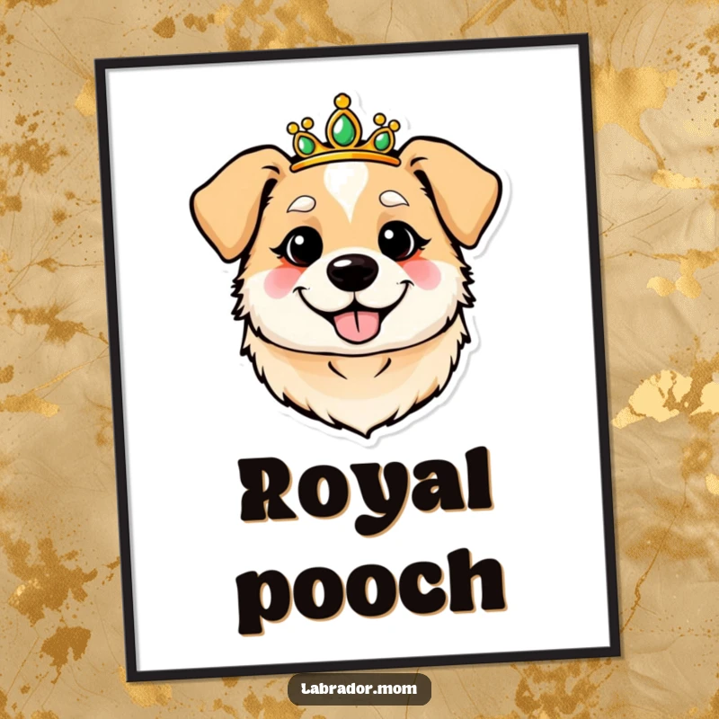 Funny, round, cheerful dog head wearing a tiara, presented as a regal wall art print. A touch of canine class.