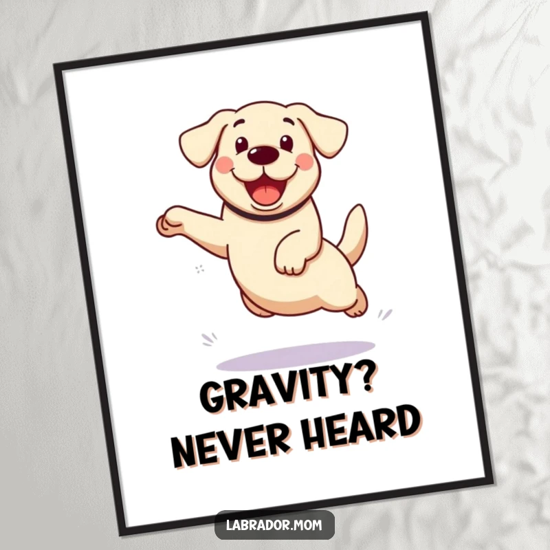 Funny kawaii Labrador dog poster, high-quality art print of a dog in an enthusiastic mid-air leap, full of joy.