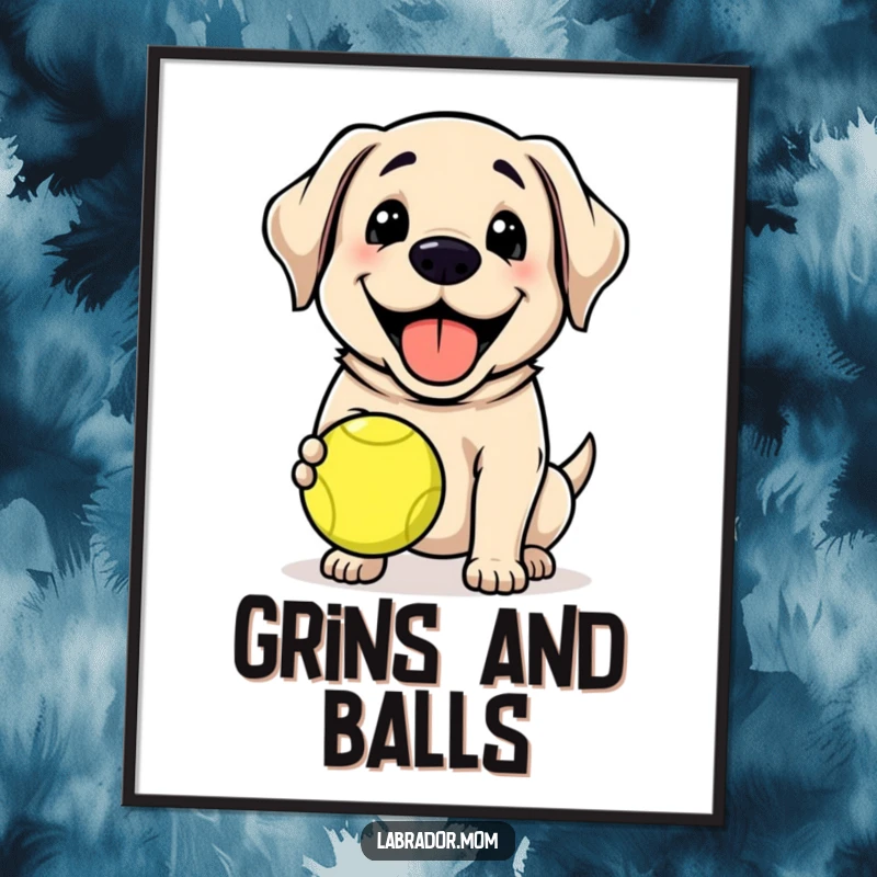 Funny Kawaii Labrador dog grinning, holding a tennis ball, cute art print, happy dog decor, funny poster.