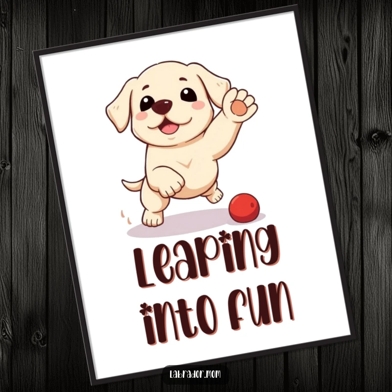 Funny kawaii Labrador poster illustrating a cute dog in a playful pounce, adding energetic and humorous wall art for dog enthusiasts.