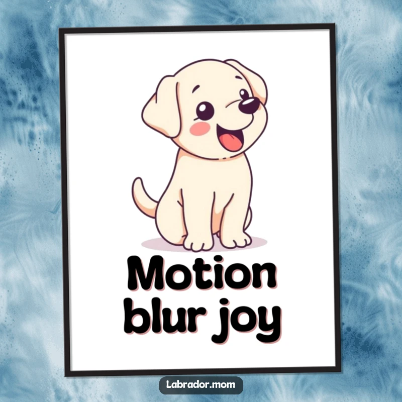 Funny kawaii Labrador wagging its tail so hard its whole body shakes with pure excitement, a vibrant and humorous poster.