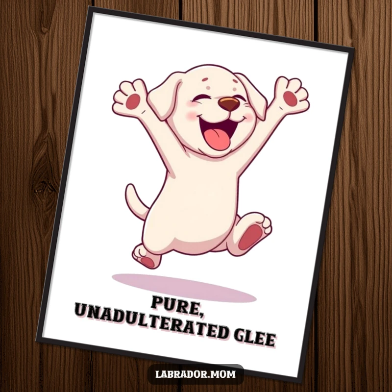 Funny Kawaii Labrador Poster, a cute dog leaping with excitement, paws outstretched, vibrant wall art, humorous gift.