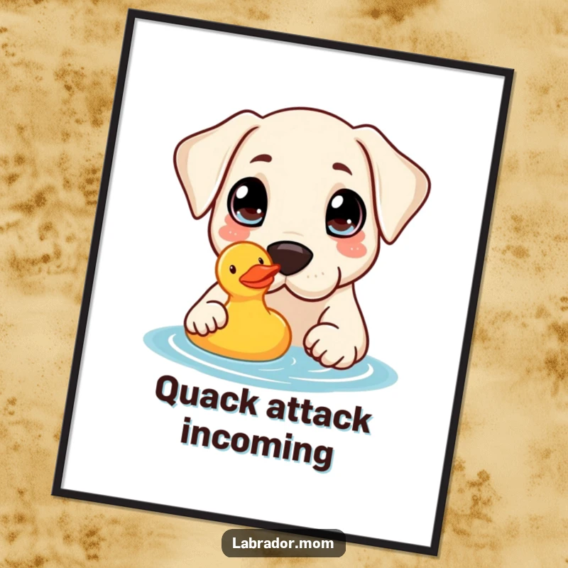 Funny Poster: A kawaii Labrador with large, curious eyes gently nudges a floating yellow rubber duck.