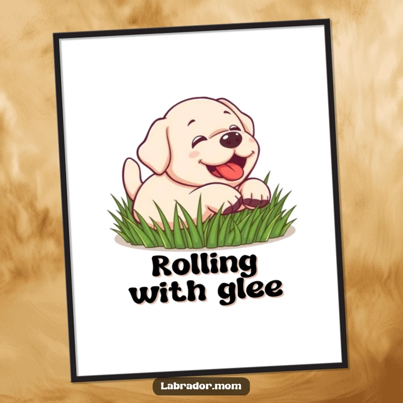 Funny Kawaii Labrador dog rolling in grass, playful, cute art print, happy dog decor, funny poster.