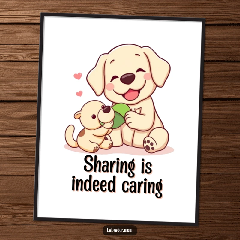 Funny Kawaii labrador sharing a toy with a friend, illustrating the beauty of generosity and companionship on this vibrant poster.