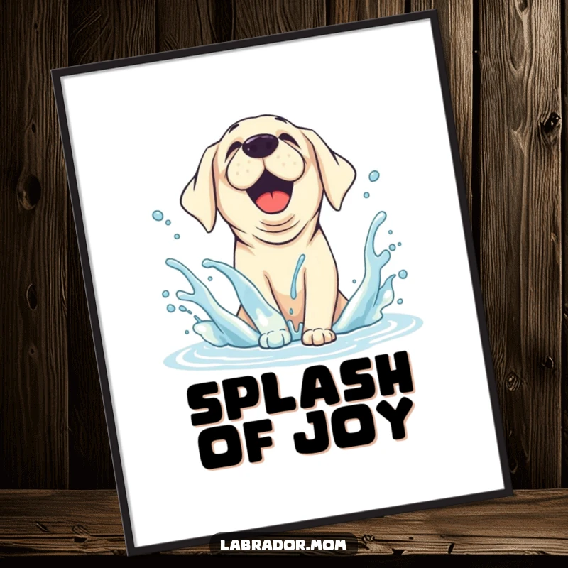 Funny Poster visualizing a joyful, animated Labrador creating a large splash of water with happy abandon, celebrating aquatic fun.