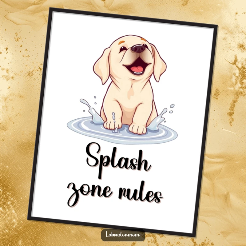 Funny poster featuring a labrador dog gleefully splashing water in a puddle, capturing a moment of pure, messy joy.