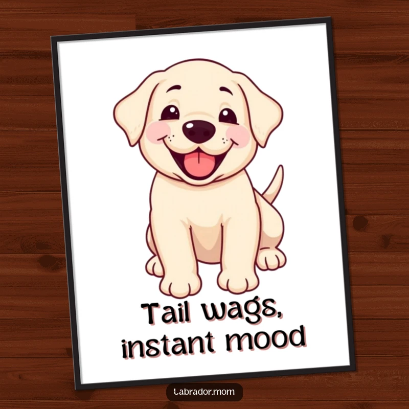 Funny smiling Labrador cub panting happily with a wagging tail, showcased as cheerful wall art.