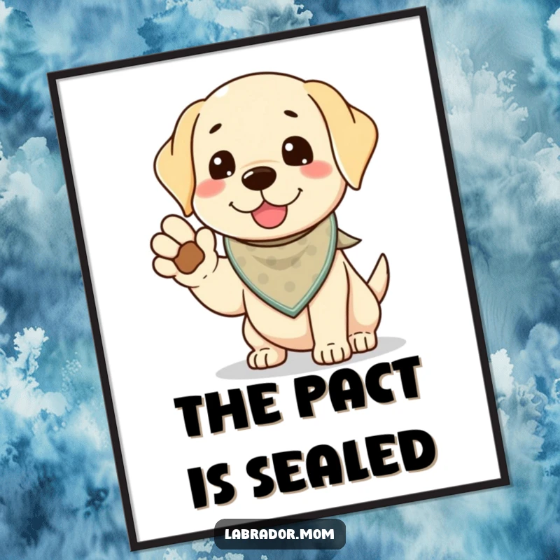 Funny Kawaii Labrador Poster, a cute lab in a bandana offers a paw for a high-five, symbolizing playful greetings and positive interactions