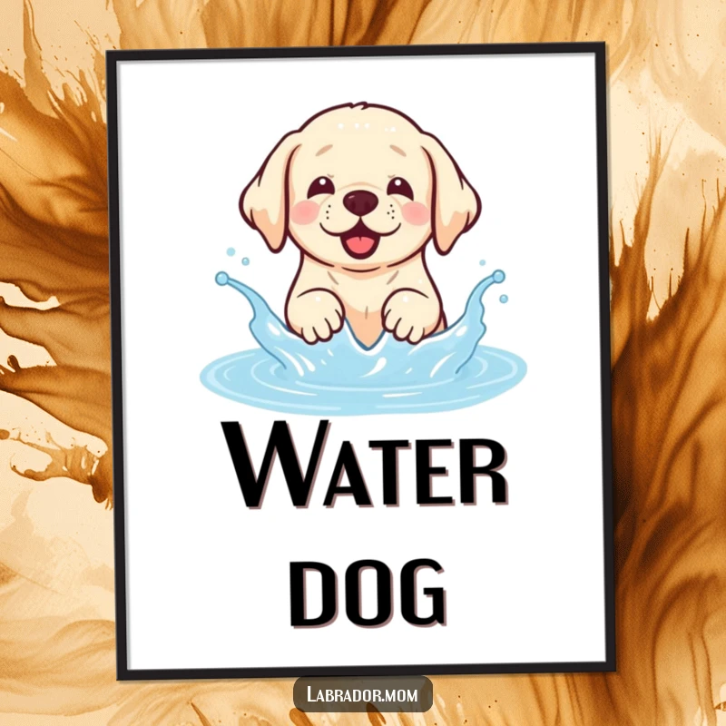 Funny Kawaii Labrador poster print of a happy dog joyfully splashing in water, ideal funny gift.