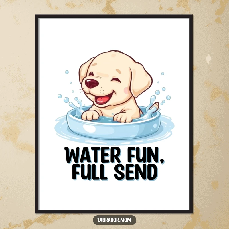 Funny giggling Labrador cub splashing in a bubbly pool, presented as vibrant and cheerful wall art.