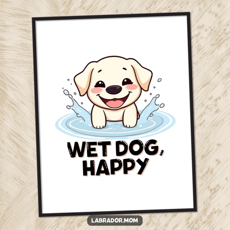 Funny Kawaii Labrador poster featuring a dog with a wide grin splashing happily in a puddle, bringing cheerful energy to wall decor.