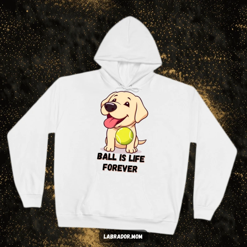 Funny Kawaii Labrador hoodie, a warm sweatshirt with a happy panting dog holding a slobbery tennis ball, exuding warmth.