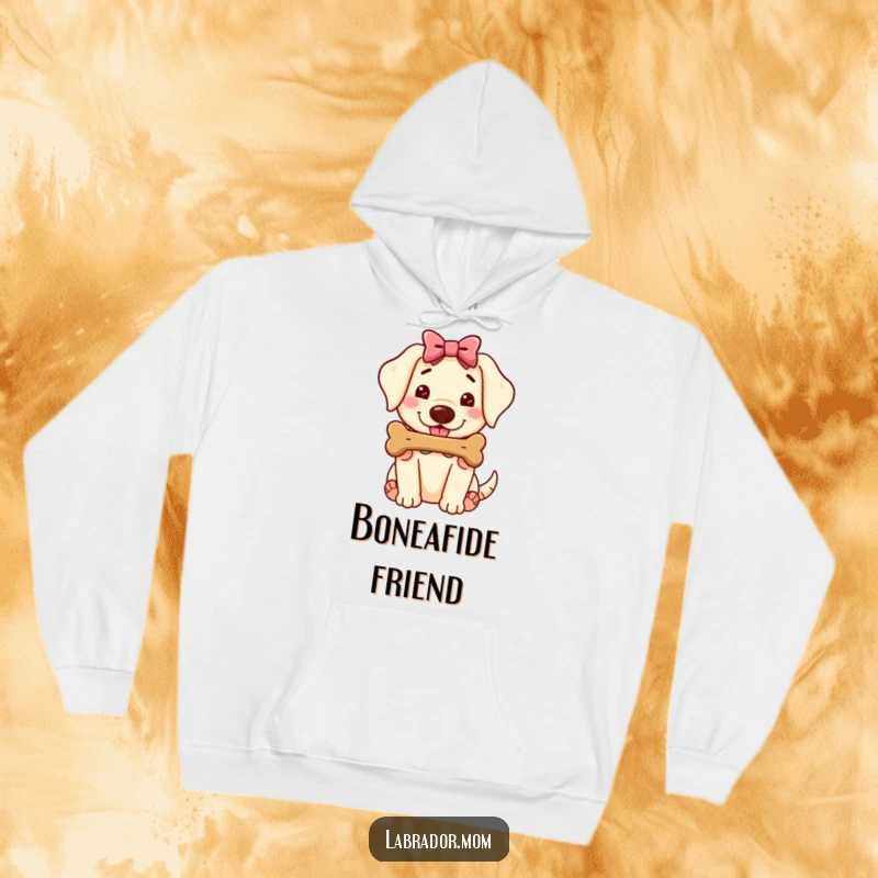 Funny Kawaii Labrador Hoodie, cute dog with a bow offering a juicy bone, cozy and heartwarming design, funny gift.