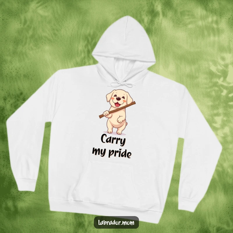 Funny Kawaii Labrador hoodie showing a happy dog excitedly carrying a stick twice its size, perfect for cozy, humorous warmth.