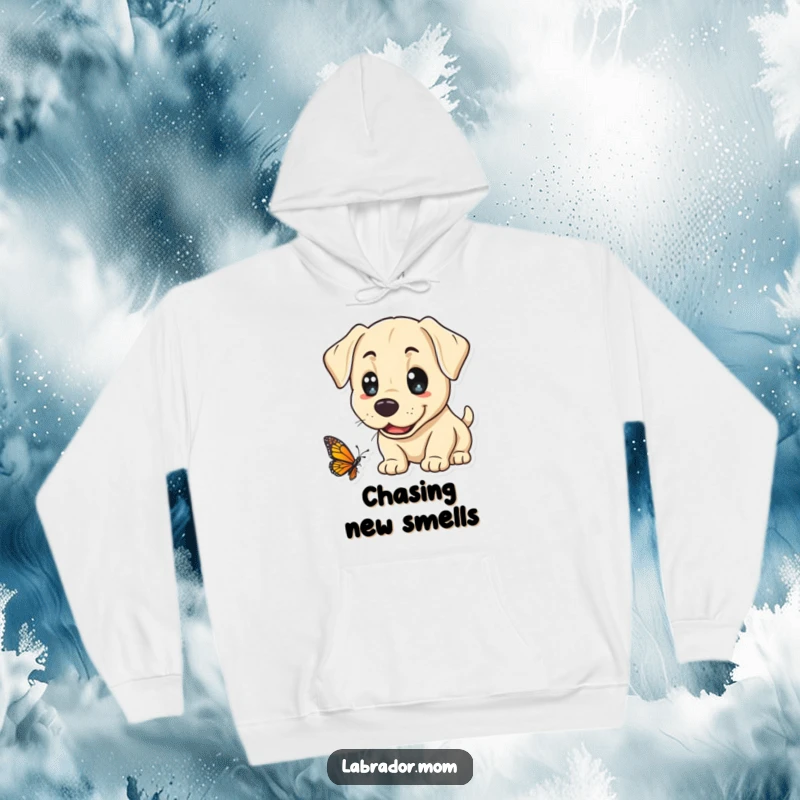 Funny Kawaii Labrador Hoodie, a happy lab with innocent eyes gently sniffs a butterfly, embodying a moment of pure, sweet curiosity