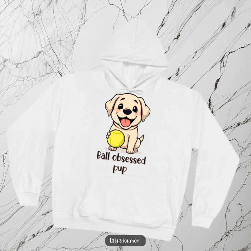 Funny Kawaii Labrador dog grinning, holding a tennis ball, cute, soft hoodie, comfortable, funny gift.