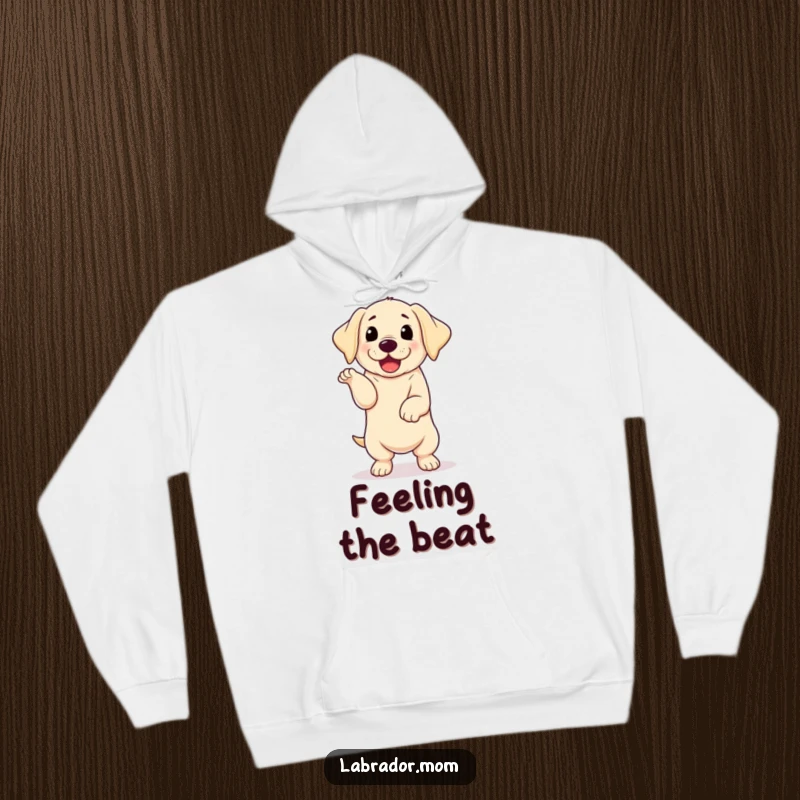 Funny kawaii Labrador with floppy ears doing a joyful happy dance, a soft and cozy hoodie radiating happiness.