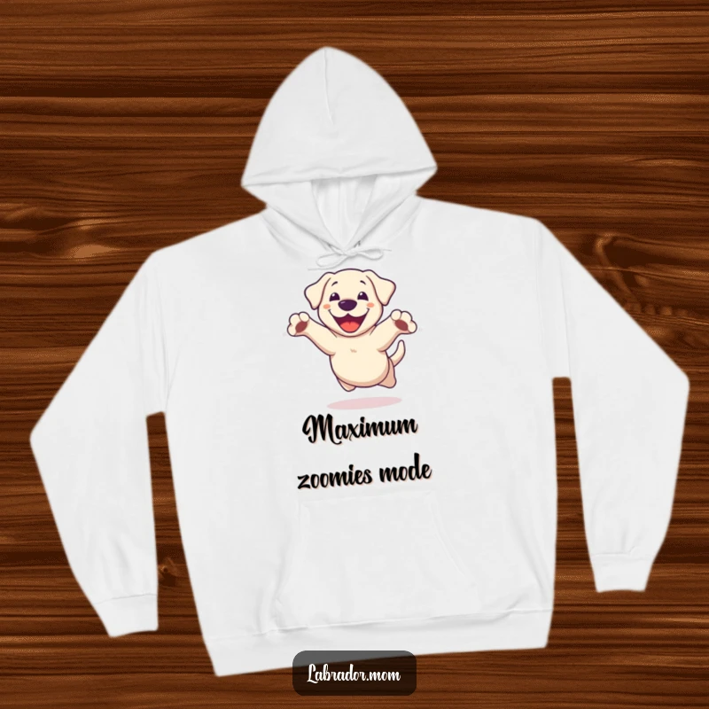 Funny Kawaii Labrador Hoodie, a cute dog celebrating a joyful leap with outstretched paws, perfect for cozy, happy days.