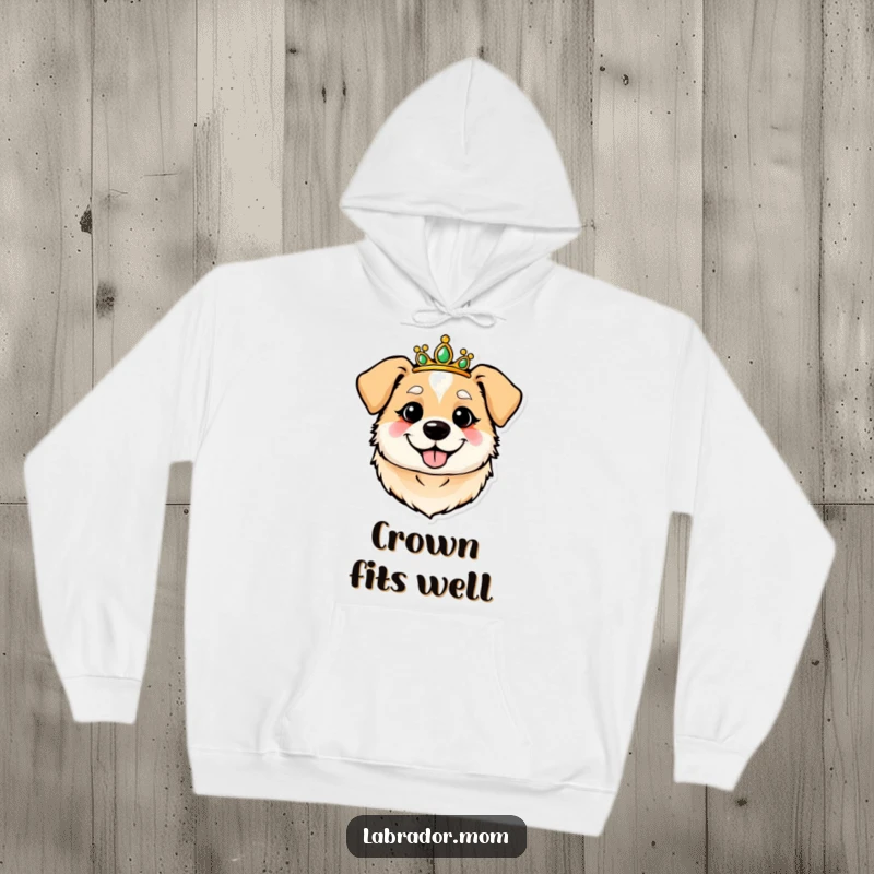 Funny, round, cheerful dog head in a cozy hoodie, wearing a majestic tiara. Perfect for dog lovers.