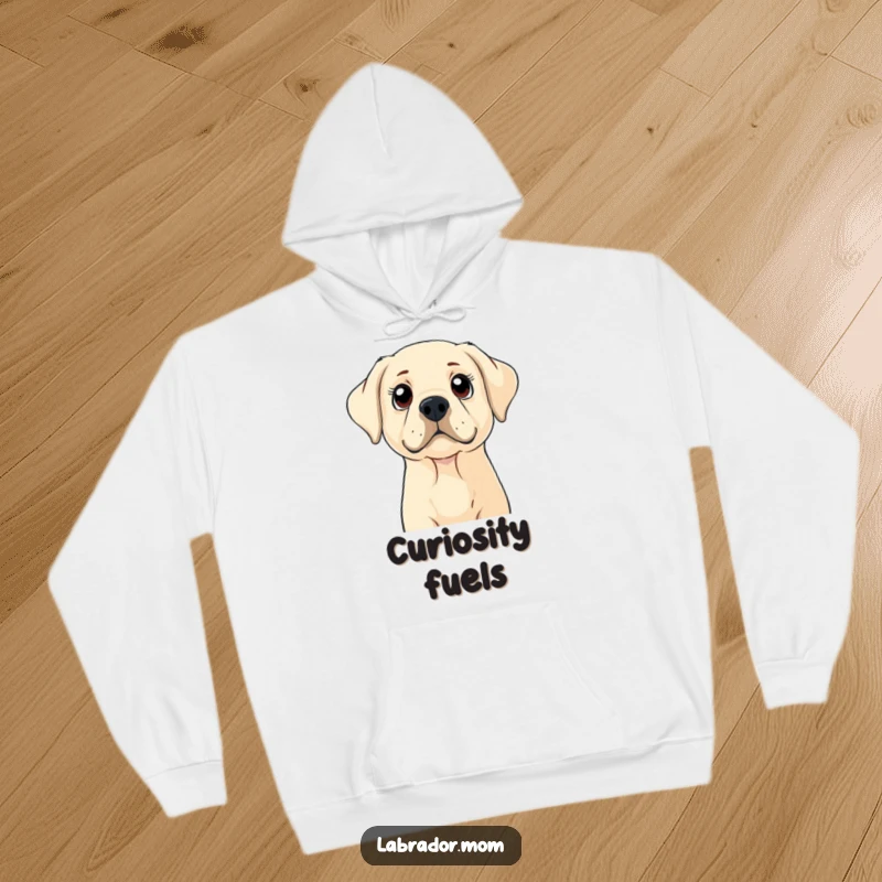 Funny Labrador hoodie showing a dog with wide, curious eyes looking up, cozy and inquisitive, a perfect funny gift.