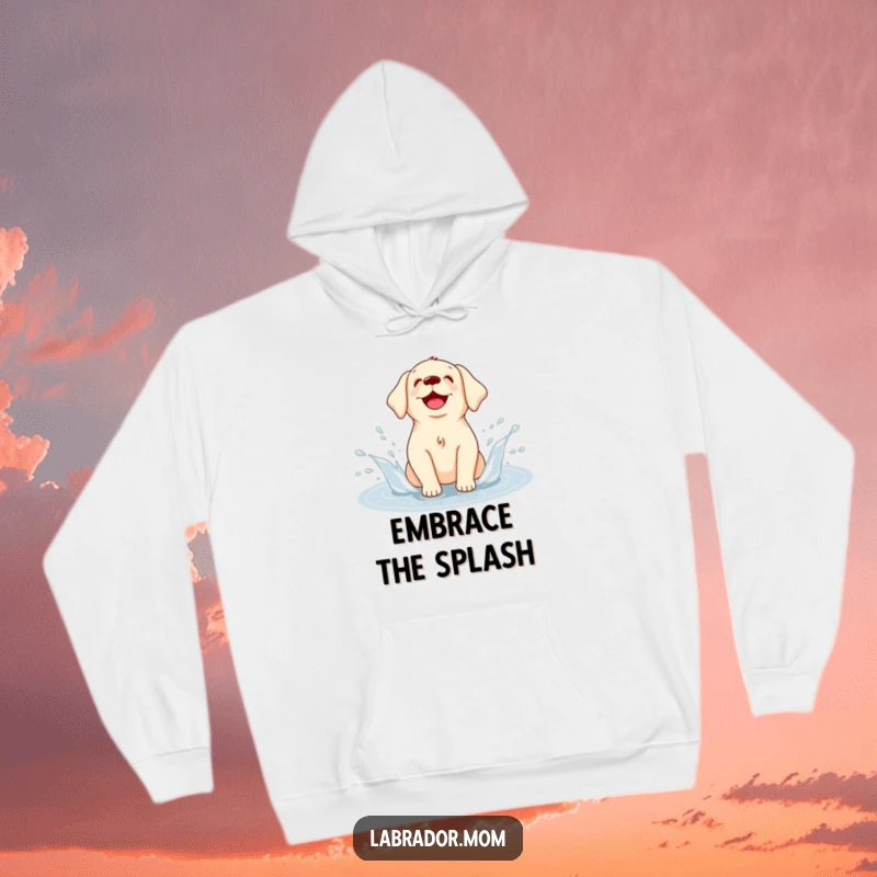 Funny Kawaii Labrador hoodie, a warm sweatshirt with a happy dog splashing in a puddle, exuding warmth and joy.