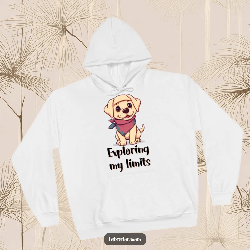 Funny Labrador dog wearing a bandanna, looking adventurous and ready for the outdoors on a warm hoodie.