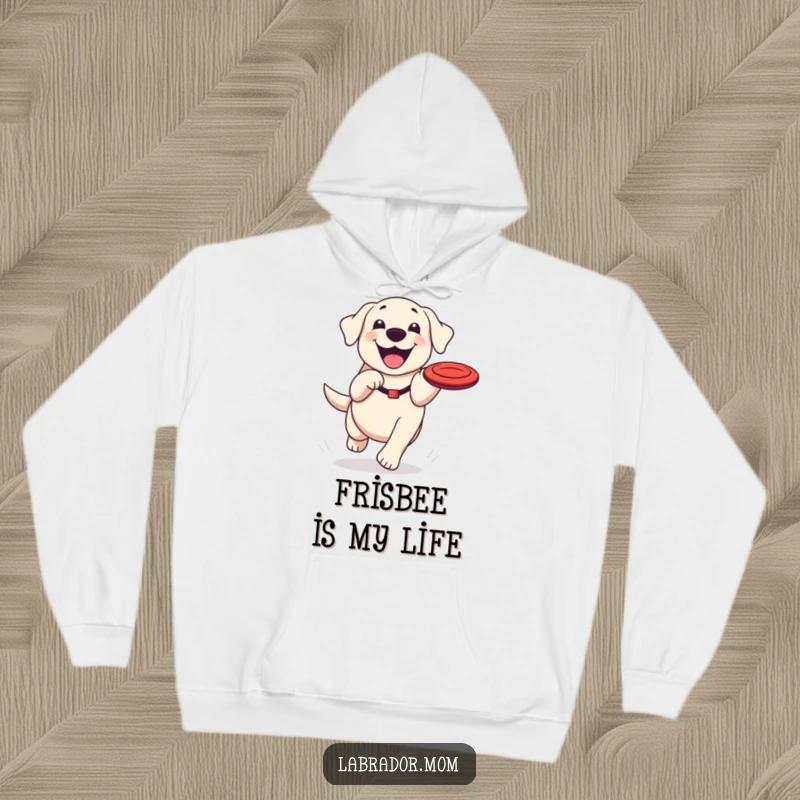 Funny Kawaii Labrador hoodie, a warm sweatshirt featuring a happy dog with a grin chasing a frisbee, full of warmth.