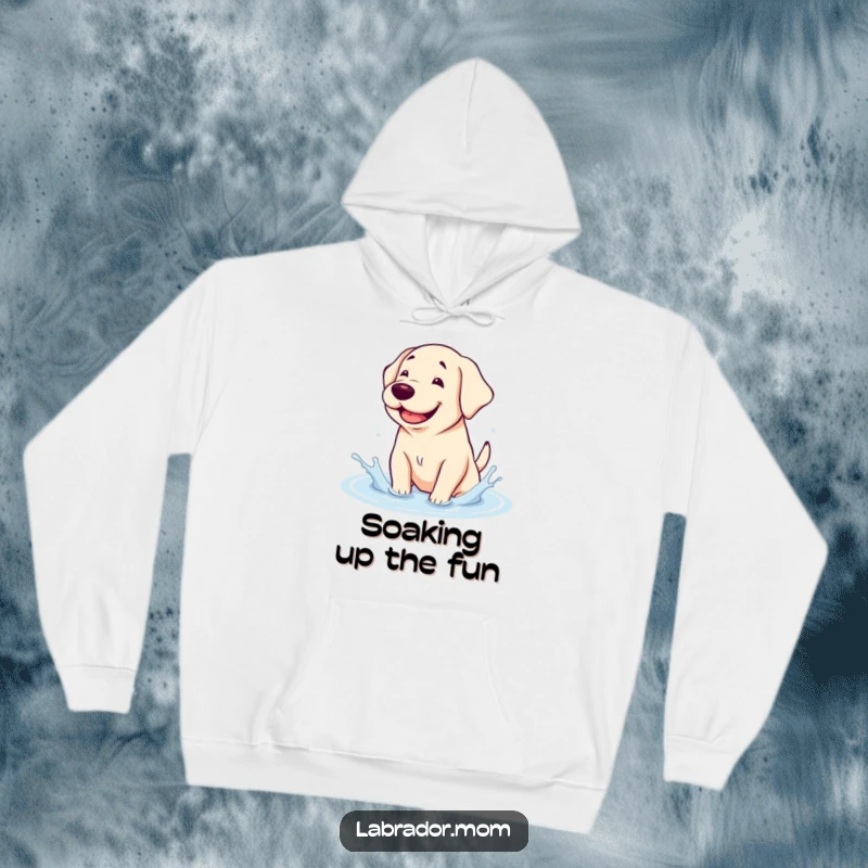 Funny Hoodie: A ridiculously cute kawaii Labrador grins widely while having a joyful splash in a puddle.