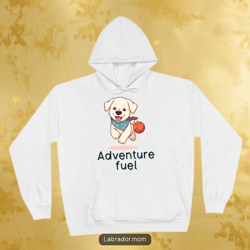 Funny Hoodie: A super cute kawaii Labrador in a bandana runs with gusto, holding a ball for a game.