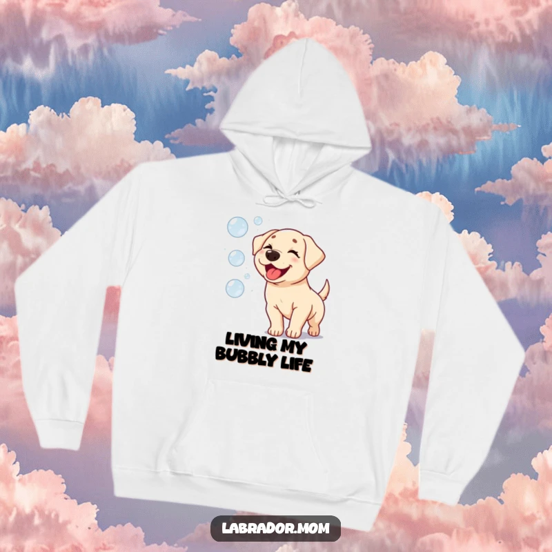 Funny Kawaii Labrador Hoodie: A fluffy, winking dog animatedly pursuing a trail of shimmering bubbles upward.